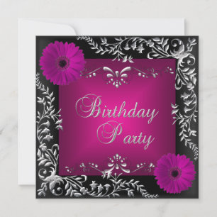 Birthday Party Pink Silver Floral Black Invitation