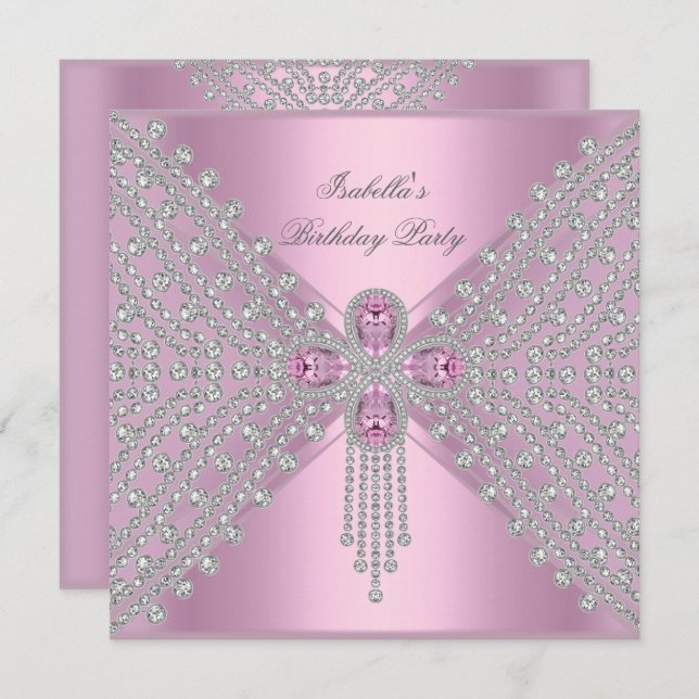 Birthday Party Pink Silver White Diamond Invitation (Front/Back)