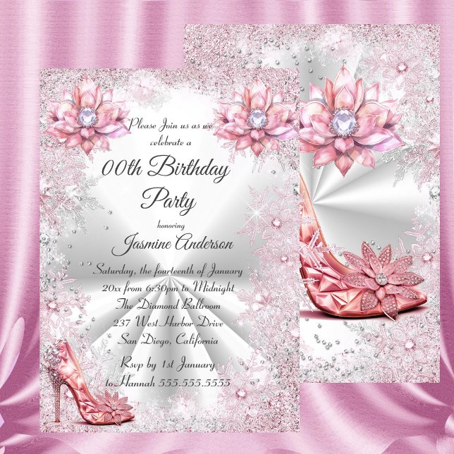 Birthday Party Pink Silver Winter Wonderland shoe Invitation (Creator Uploaded)