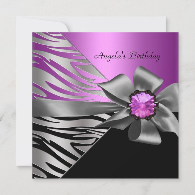 Birthday Party Pink Silver Zebra Black Grey Bow Invitation (Front)