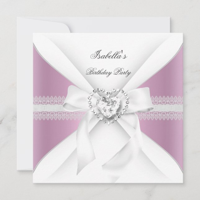 Birthday Party Pink White Diamond Heart Bow Invitation (Front)