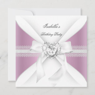 Birthday Party Pink White Diamond Heart Bow Invitation