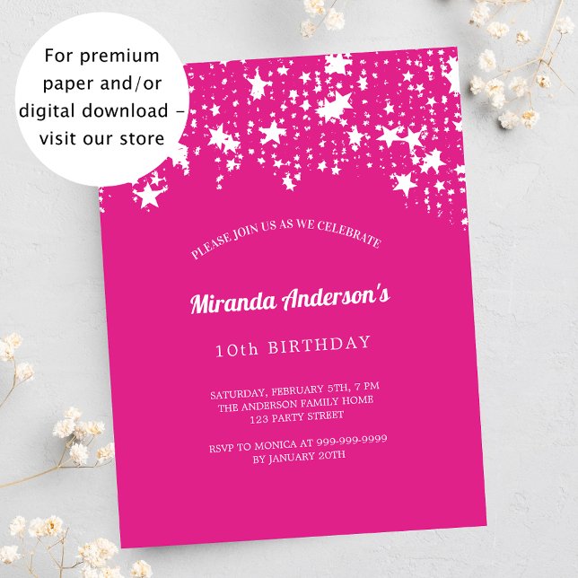 Birthday party pink white stars budget invitation (Creator Uploaded)