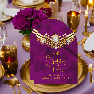 Birthday Party Plum Faux Velvet Gold Diamonds Gems Invitation