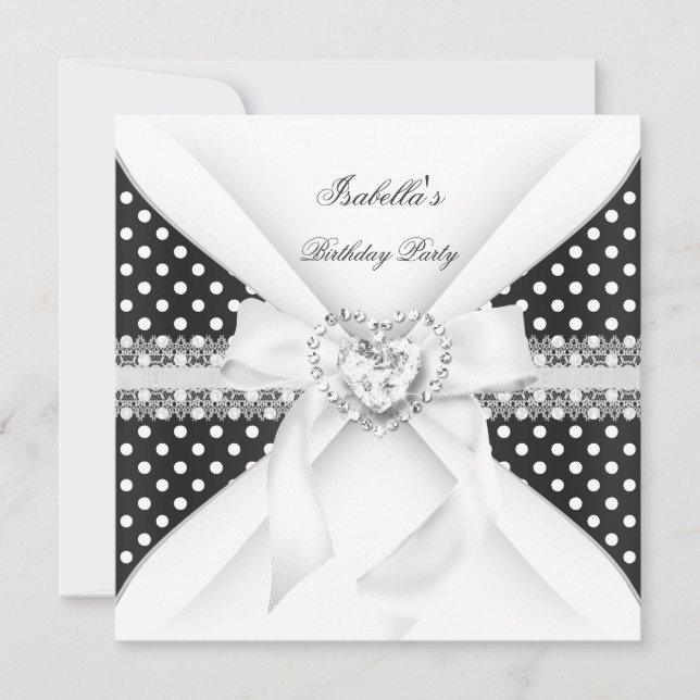 Birthday Party Polka Dot Black White Diamond Invitation (Front)