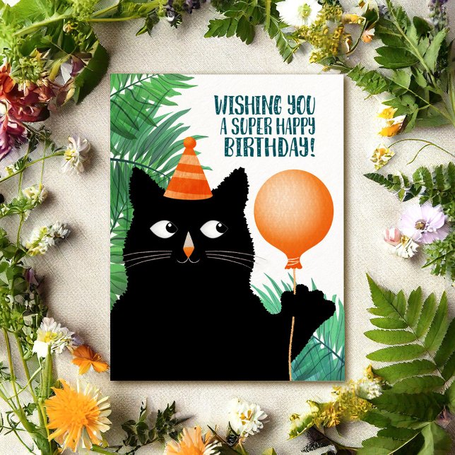 Birthday party postcard with black cat and balloon (Creator Uploaded)
