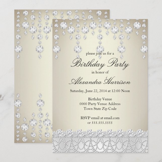 Birthday Party Pretty Crystal Silver Sepia Diamond Invitation (Front/Back)