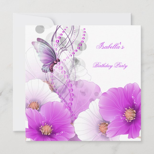 Birthday Party Pretty Floral Lilac White Butterfly Invitation (Front)