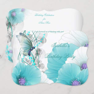 Birthday Party Pretty Floral Teal White Butterfly Invitation