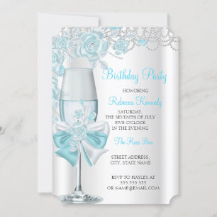 Birthday Party Pretty Teal Blue Rose Champagne Invitation