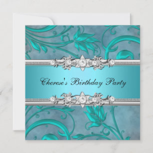 Birthday Party Pretty Teal Floral Diamond Image Invitation