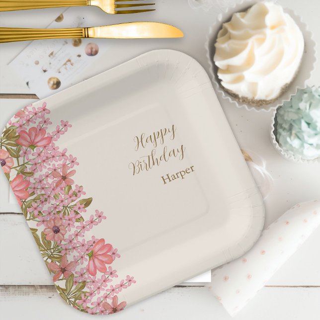 Birthday Party Pretty Wildflower Pink Floral Cute Paper Plate (Creator Uploaded)