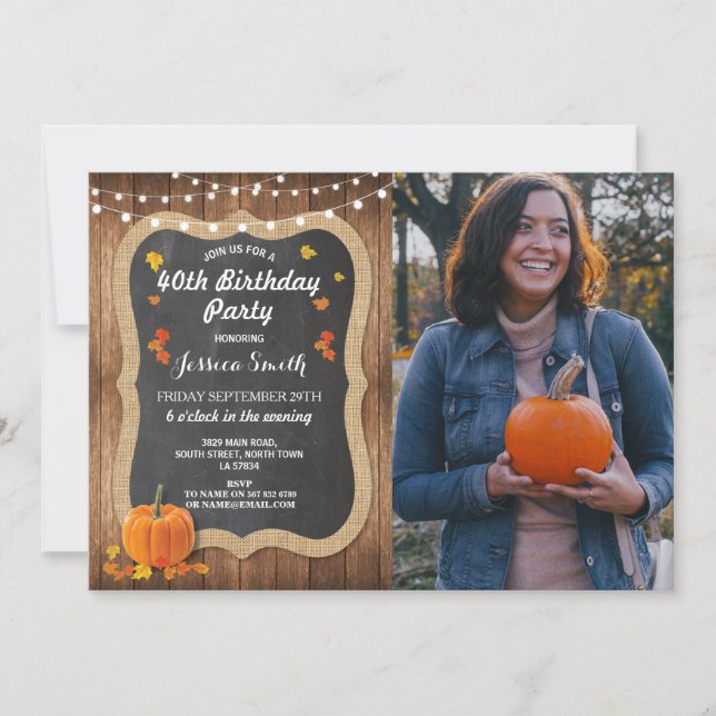 Birthday Party Pumpkin Rustic Wood Chalk Photo Invitation (Front)