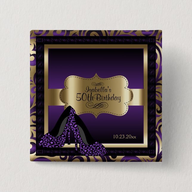 Birthday Party | Purple and Gold 15 Cm Square Badge (Front)