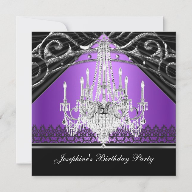 Birthday Party Purple Black Chandelier Silver Invitation (Front)
