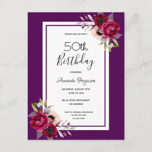 Birthday party purple burgundy florals invitation postcard