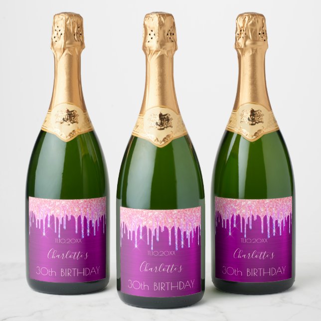 Birthday party purple glitter pink rose gold sparkling wine label (Bottles)