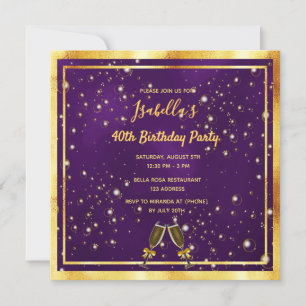 Birthday party purple gold bubbles fun invitation