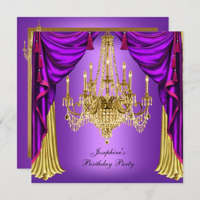Birthday Party Purple Gold Chandelier Drapes Invitation (Front/Back)