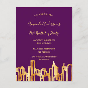 Birthday party purple gold city skyline invitation postcard