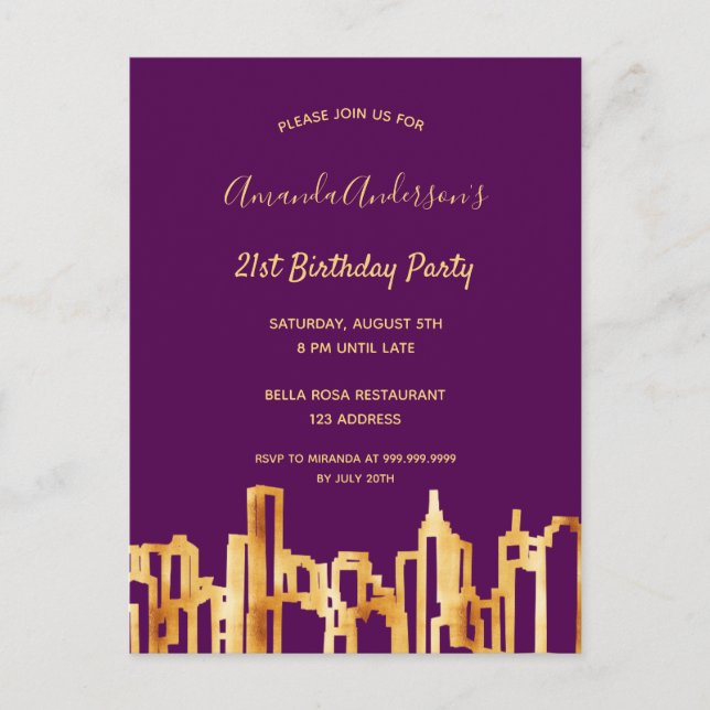 Birthday party purple gold city skyline invitation postcard (Front)