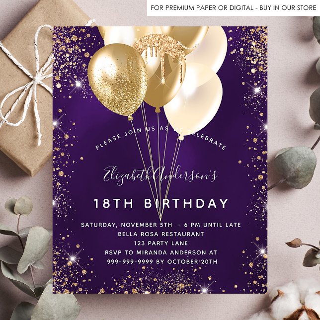 Birthday party purple gold glitter balloons budget flyer (Creator Uploaded)