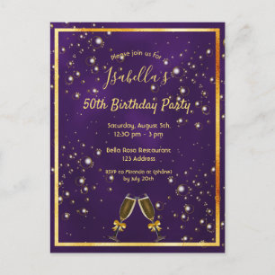 Birthday party purple gold invitation postcard