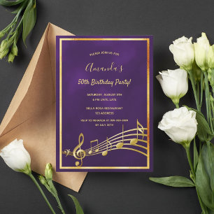 Birthday party purple gold music notes invitation