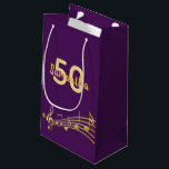 Birthday party purple gold music notes name small gift bag<br><div class="desc">Girly Purple background with faux gold music notes for a 50th birthday. Templates for the age 50 and name.  The name is written in a hand-lettered style script.  Golden letters and number.</div>