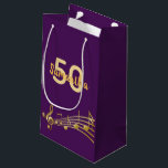 Birthday party purple gold music notes name small gift bag<br><div class="desc">Girly Purple background with faux gold music notes for a 50th birthday. Templates for the age 50 and name.  The name is written in a hand-lettered style script.  Golden letters and number.</div>