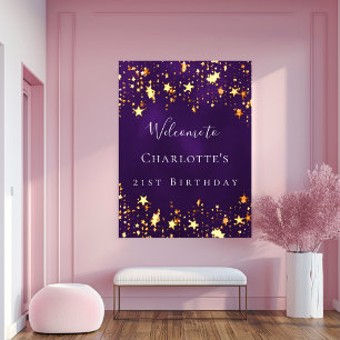 Birthday party purple gold stars welcome poster