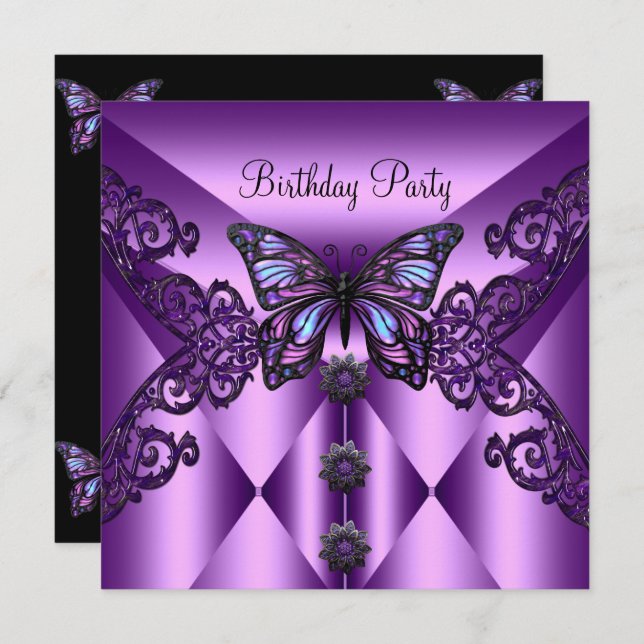 Birthday Party Purple Lilac Butterfly Invitation (Front/Back)