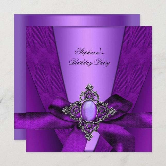 Birthday Party Purple Lilac Silver Jewel Bow 2 Invitation (Front/Back)