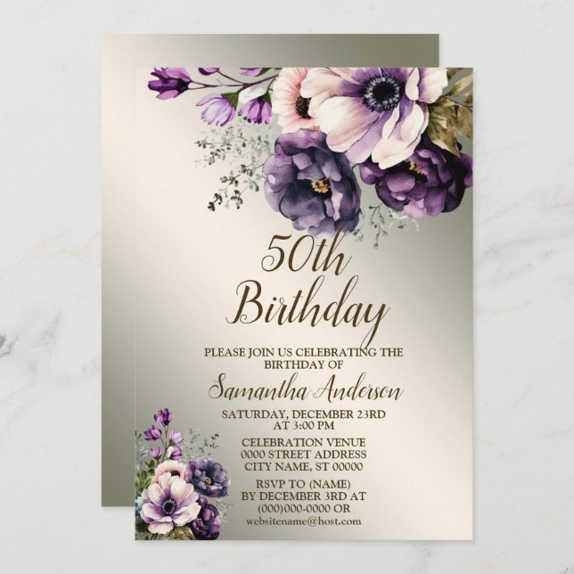 Birthday Party Purple Pink Flowers Golden Elegant Invitation (Front/Back)
