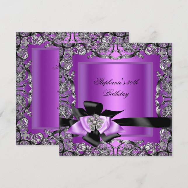 Birthday Party Purple Silver Black Bow Invitation (Front/Back)