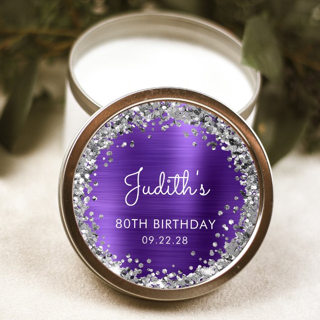 Birthday Party Purple Silver Glitter Personalised Classic Round Sticker (Creator Uploaded)