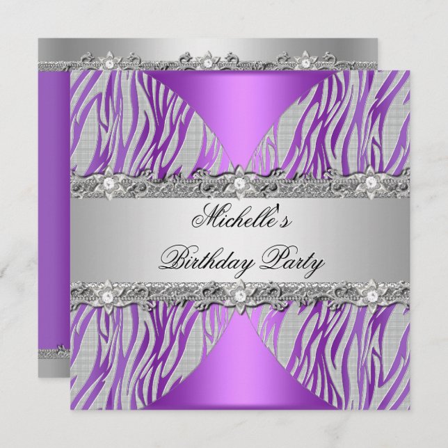 Birthday Party Purple Silver Grey Pearl Diamond Invitation (Front/Back)