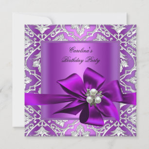 Birthday Party Purple Silver Pearl Damask Invitation