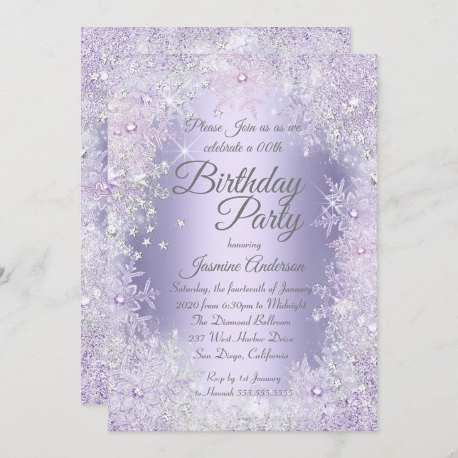 Birthday Party Purple Silver Winter Wonderland Invitation (Front/Back)