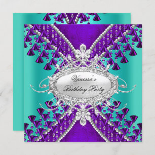 Birthday Party Purple Teal Blue Diamond Beads Invitation