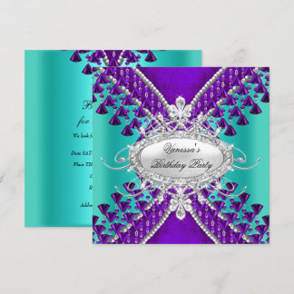 Birthday Party Purple Teal Blue Diamond Beads Invitation