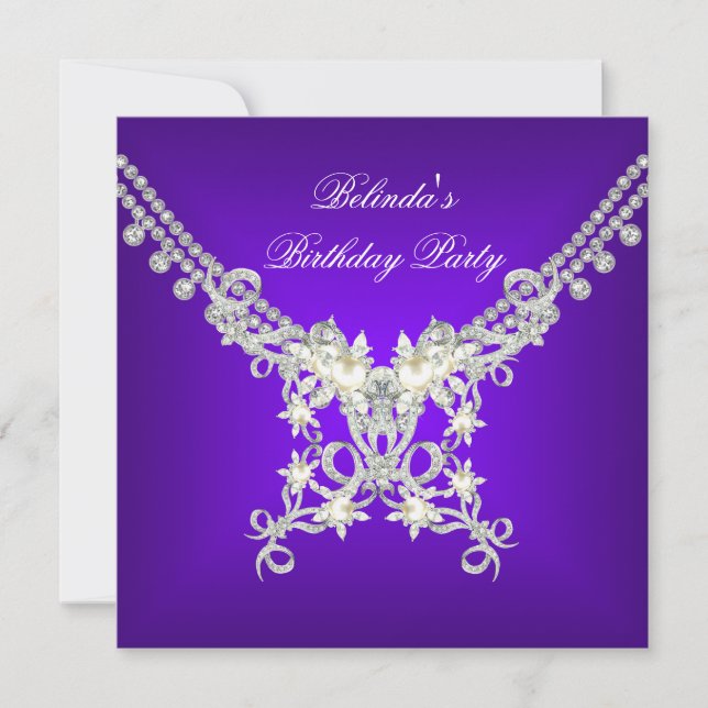 Birthday Party Purple White Silver Pearl Jewel Invitation (Front)