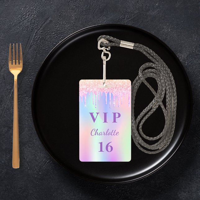 Birthday party rainbow glitter name VIP invitation ID Badge (Creator Uploaded)