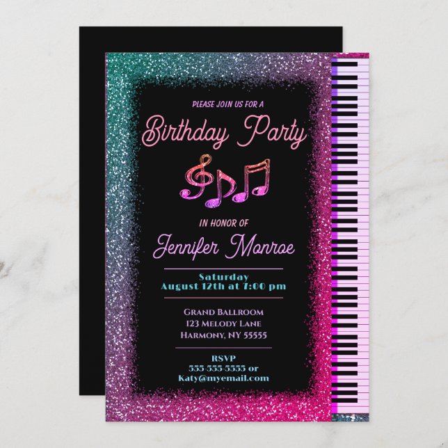 Birthday Party Rainbow Glitter Piano Invitation (Front/Back)