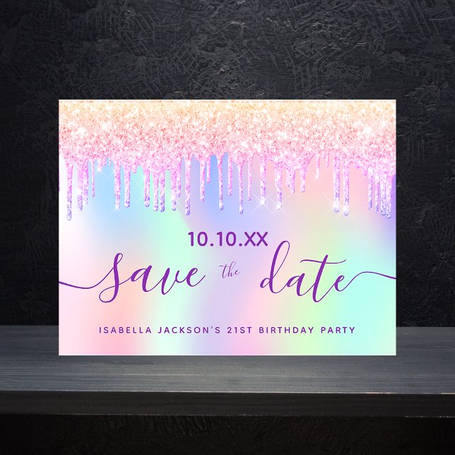 Birthday party rainbow glitter pink save the date postcard (Creator Uploaded)