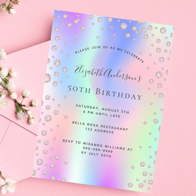 Birthday party rainbow rose gold diamonds purple invitation (Creator Uploaded)