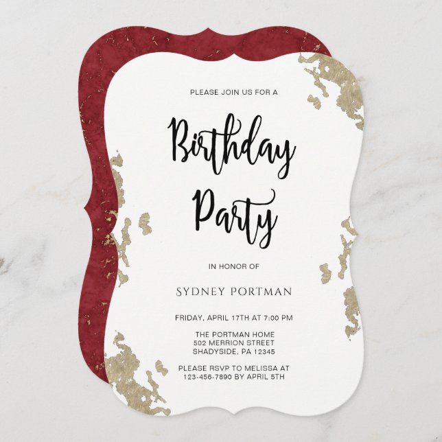 Birthday Party Red and White Faux Gold Marble Invitation (Front/Back)
