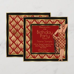 Birthday Party Red Black Gold Art Deco 1930 Lady 2 Invitation