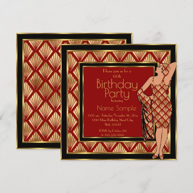 Birthday Party Red Black Gold Art Deco 1930 Lady 2 Invitation (Front/Back)