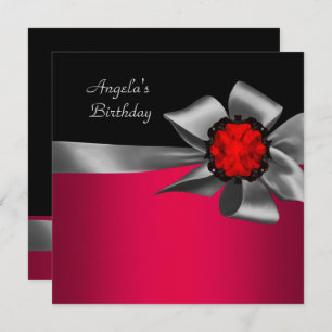 Birthday Party Red Black Red Jewel Grey Bow Invitation